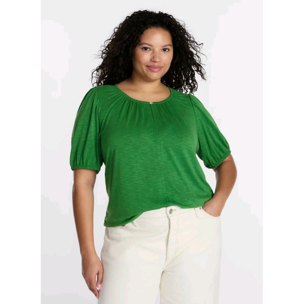 Terra & Sky Puff Sleece Kelly Green Blouse Women's 3X NWT